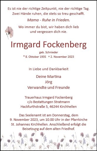 Erinnerungsbild für Irmgard Fockenberg