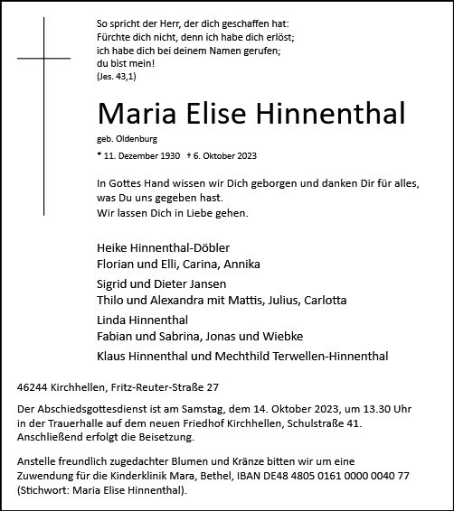 Erinnerungsbild für Maria Elise Hinnenthal